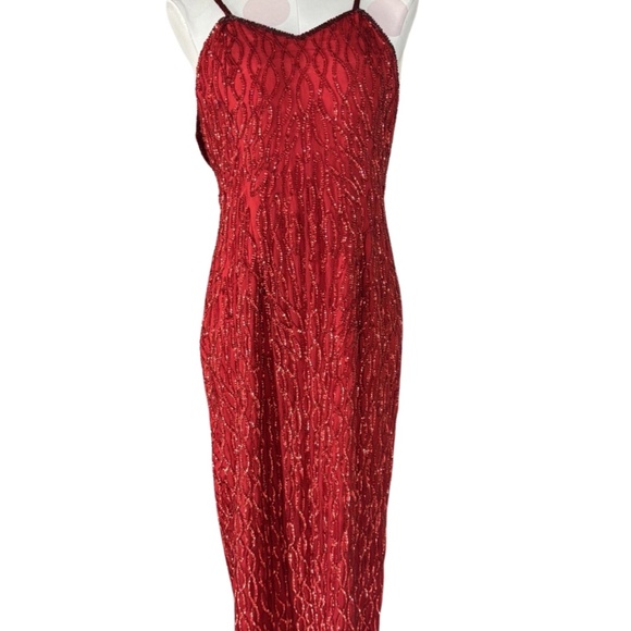 Vintage 90's Red Beaded Silk Full Length Evening Dress - XL - Picture 2 of 13
